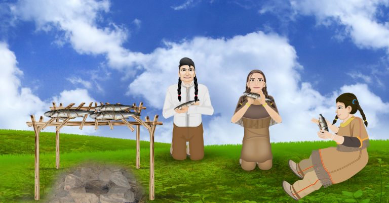 Ojibwe family eating fish